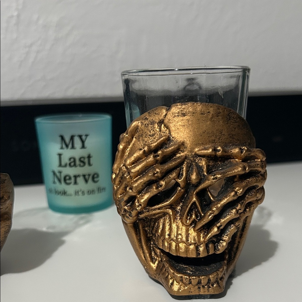 🌸Edgy Gold Skull Shot Glasses/candle holders Trio